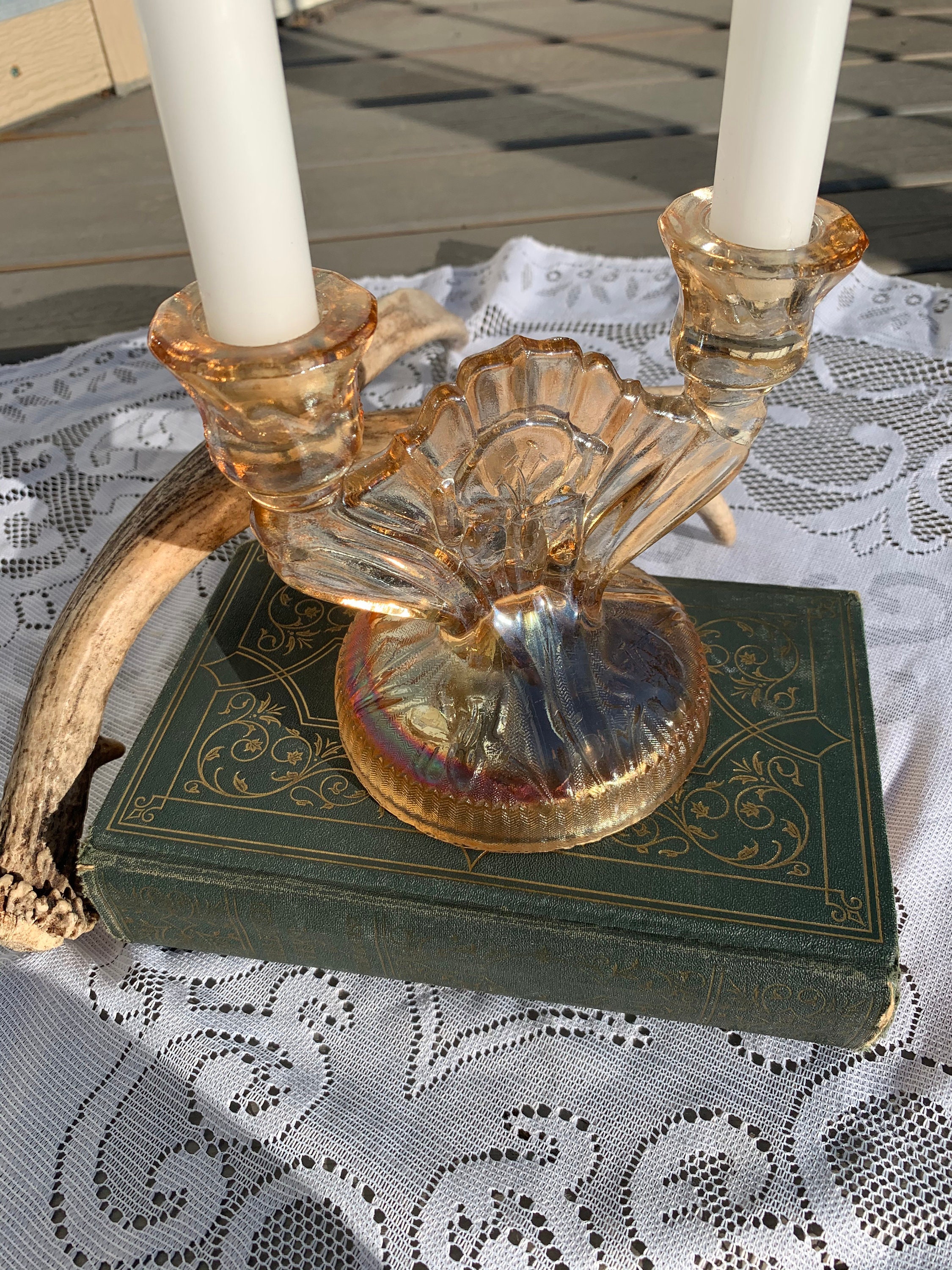 Double candle holderorange glass carnival glass vintage Etsy