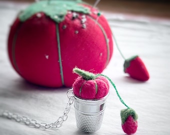 Pin Cushion Thimble Necklace Red Tomato Style Pincushion with Tiny Baby Dangle in a Vintage Silver Thimble, Fairycore Crafter Quilter Gift