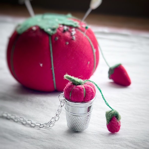 Pincushion Thimble Necklace Red Tomato Style Pincushion with Tiny Baby Dangle in a Vintage Silver Thimble, Fairycore Crafter Quilter Gift