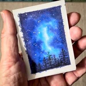 Starry Night Watercolor Original ACEO Painting, Night Sky Milky Way Mini Painting, We’re Made of Star Stuff and Stardust ATC  OOAK