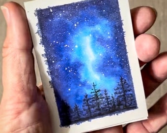 Starry Night Watercolor Original ACEO Painting, Night Sky Milky Way Mini Painting, We’re Made of Star Stuff and Stardust ATC  OOAK