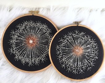 Dandelion Embroidery Hoop Art in Cottagecore Wall Decor, Make a wish Hand Embroidery, Beaded Embroidery in black and White, Seedhead