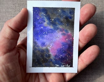 Night Sky Watercolor Original Painting Galaxy Milky Way ATC Size, Nebula Mini Painting, We’re Made of Star Stuff and Stardust OOAK Mini Art