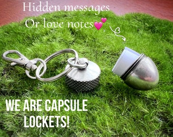 Custom Message Keychain Acorn Locket in Antiqued Silver or Brass Metal with Hidden Compartment, Cute Secret Message Handmade Keyring Unisex