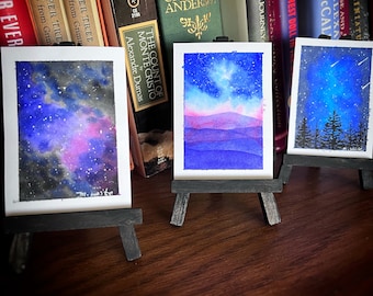 Book Nook Bookshelf Decor Night Sky Galaxy Set of 3 Original Watercolor Paintings Black Easels, Night Sky Milky Way Mini Painting, ATC