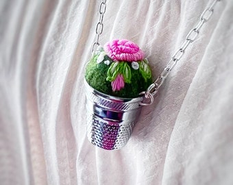 Rose Thimble Fairycore Necklace, Embroidered Rose Necklace in a Vintage Silver Tone Thimble, Flower Pot Necklace Fairy Jewelry, Quilter Gift