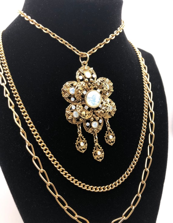 Vintage Triple Gold Tone Chains Large Pendant with