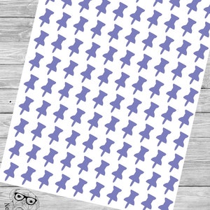 May include: A sheet of white paper with a repeating pattern of purple push pins. The push pins are all the same size and shape.