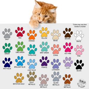 May include: Chart of 20 paw print designs in various colors, including red, yellow, green, blue, purple, black, white, and gold. The colors are labeled below each paw print. The chart is on a white background.