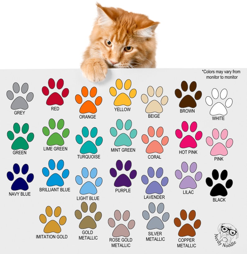 May include: Chart of 20 paw print designs in various colors, including red, yellow, green, blue, purple, black, white, and gold. The colors are labeled below each paw print. The chart is on a white background.