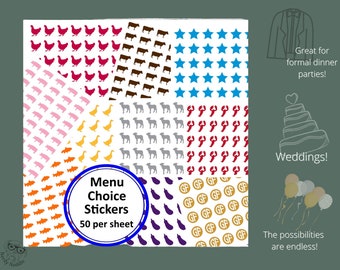 Menu Choice Stickers, 50, Escort Card Stickers, Wedding Place Card Stickers, Meal Choice Stickers, Wedding Meal Stickers, Menu Stickers