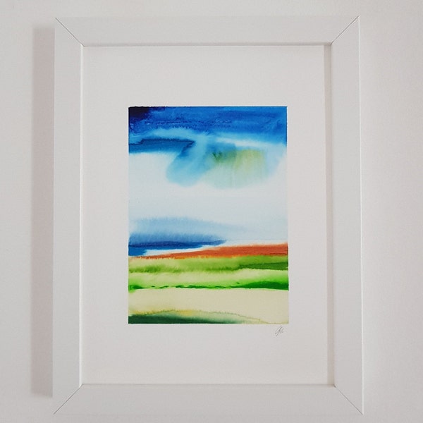 Original Watercolour Painting by Gina Summers, Decorative Wall Art, Nature, Living Room Wall Art, Green, Blue, Amber, Sky, UK Free Postage