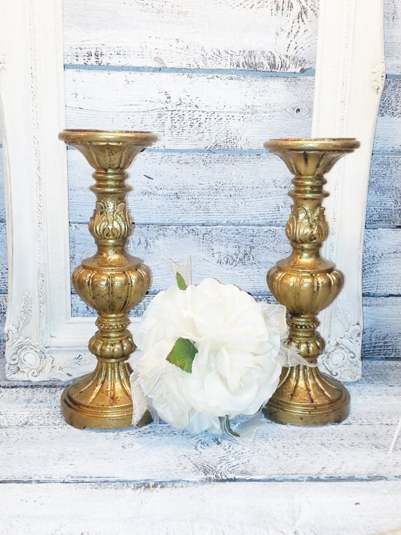 Two 12 Wedding Candle Holder Pillar Antique Gold Fireplace Candle