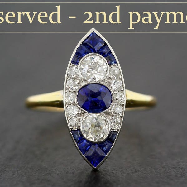 2ND PAYMENT - Art Deco Engagement Ring - Antique Art Deco Sapphire & Diamond Engagement Ring - Art Deco Navette Ring