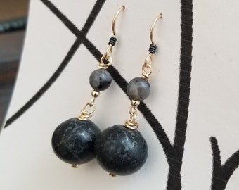 Larvikite and River Rock Beaded Earrings, 10k Gold Filled Components