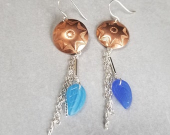 Western Copper Star Earrings with Sterling Silver Chain Dangles and Blue Glass Beads