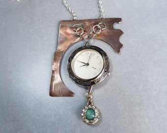 Watch Necklace with Copper, Sterling and Repurposed Materials