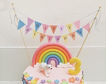 Cake Bunting/Cake Topper/Cake Banner/Flags. Pastel Happy Birthday, Peach,Pink, Blue, Violet and Yellow. Birthday - Pastel.