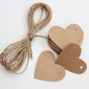 Kraft Card Heart Tags x 25 with 5 Metres of Jute Twine. Favour Tags - Wedding Favours - Scrapbooking.