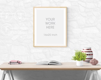 frame mockup 16x20, thin frame timber, frame mockup, empty frame, styled stock photography, desk scene, wall frame mockup