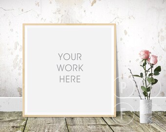 Download Free square frame mockup, roses, rustic room, frame mock up, styled square frame, floorboards PSD Template