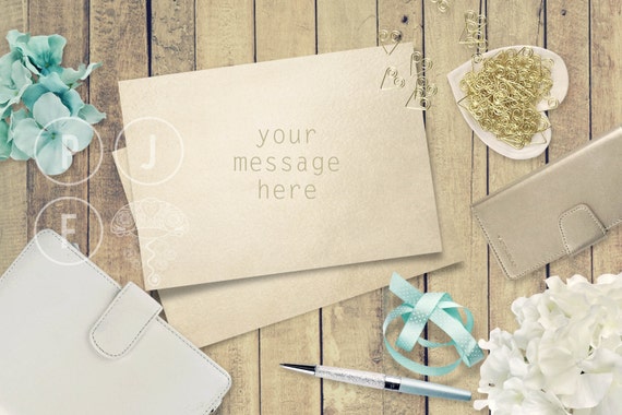 Notecard Mockup Feminine Desk Styled Stock Photography Gold Teal