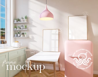 retro frame mockup psd, wood frame, kitchen, interior mockup with reflection, pink, green mint, colorful A2 wood frame, ratio ISO, DIN, R51