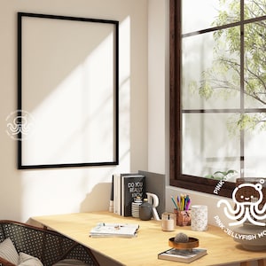 black frame mockup, interior mockup reflection, desk, home office, poster mockup, smart object, png, 5x7 ratio ISO, DIN, Ma04