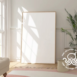 A0 frame mockup on floor, country interior mockup, large, minimalistic frame mockup, farmhouse interior mockup, natural light, Va03