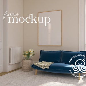 wall art mockup psd, interior mockup, with blue sofa, loft, poster mock up, smart object, png, ISO, DIN, Ma15