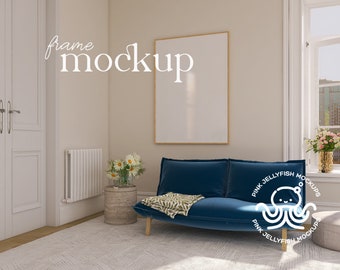 wood frame mockup psd, interior mockup, with blue sofa, loft, wall art poster mock up, smart object, png, ISO, DIN, Ma15