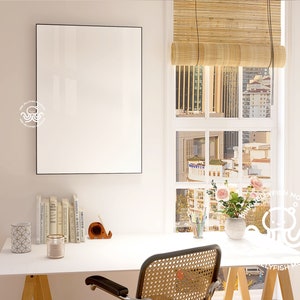 frame mockup with reflection, desk office, interior mockup, poster, black frame mockup, 5x7 ratio ISO DIN, apartment, smart object, Ba03,