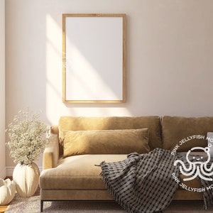 frame mockup interior, wall art mockup, couch, sofa, window, realistic living room, wood frame, png smart object 5x7 ratio ISO, DIN, Ba02