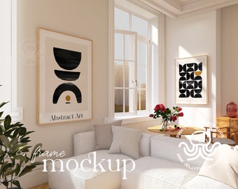 wall art mock up, frame mockup psd, set of 2, two, retro interior mockup, smart object, png, ratio ISO, DIN, A3, M59_2