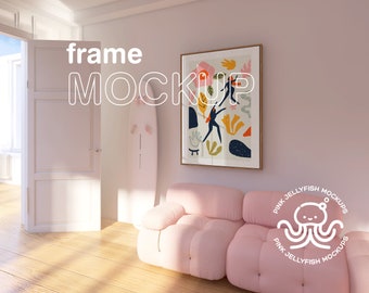 Mockup Wohnzimmer mit rosa Sofa und Surfbrett, Retro Interior Mockup, Poster, Smart Objekt, Holz, Photoshop, png, A1, A0, R28