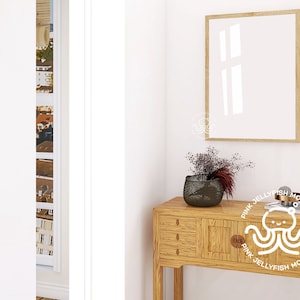 frame mockup psd, interior mockup reflection, entry side table, poster mockup, wood frame, single frame, 5x7 ratio DIN ratio ISO, Ba04