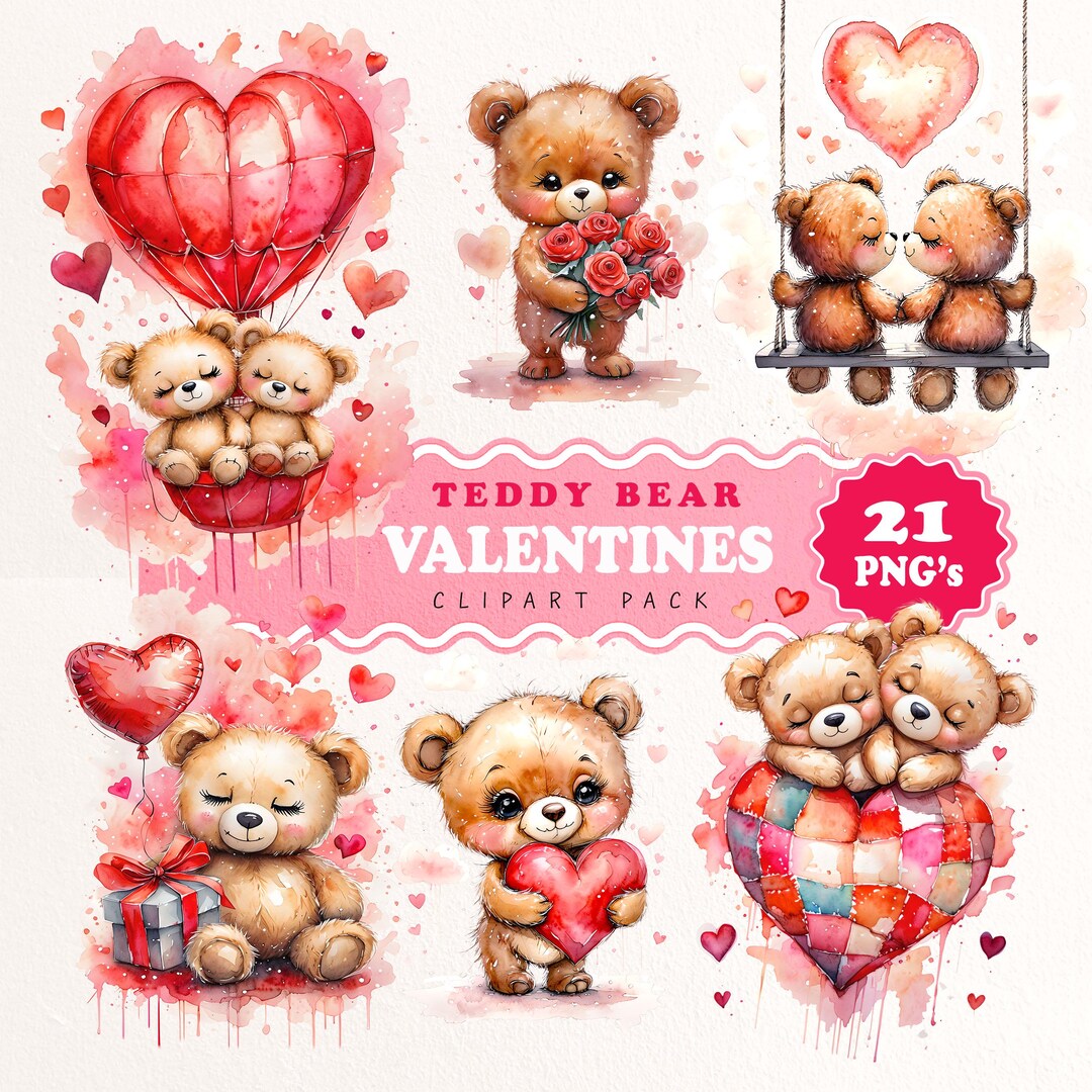 Valentine Teddy Bear Clipart Bundle 21, Png Love Watercolor Printable ...