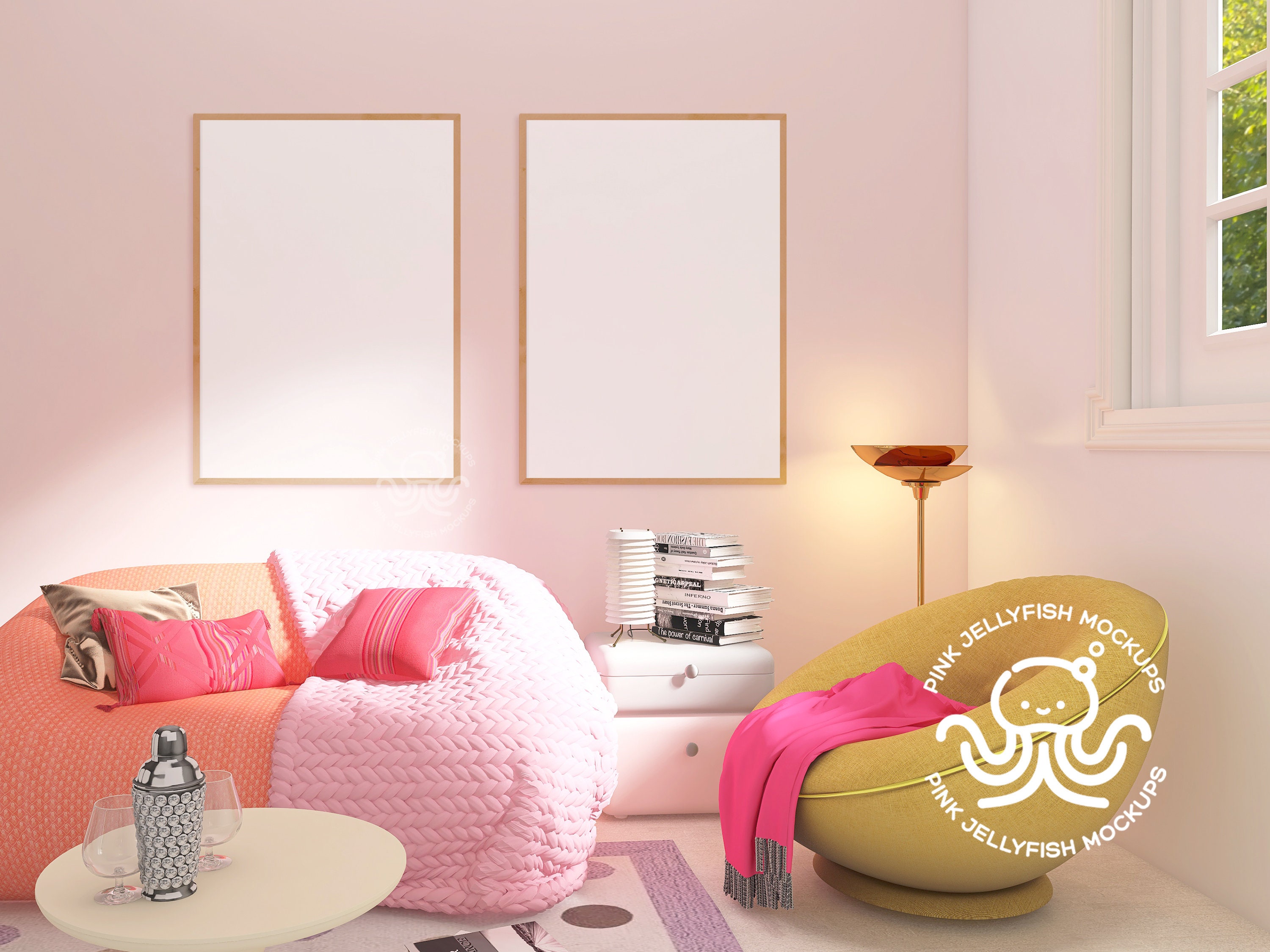 frame mockup pink set of 2, retro interior mockup two, trendy frame mockup, pink sofa, smart object, psd png, ratio ISO, DIN, 5x7, A3 B51_2