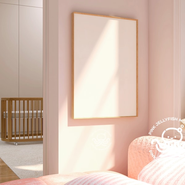 pink nursery frame mockup psd, kids room mockup, baby interior mockup, with curtain, smart object, png, wood frame mockup, 5x7 ratio, Na07