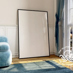 interior frame mockup psd, floor, window glass reflection, vintage, retro, classic, blue sofa, poster, black frame, png , A0, Va07