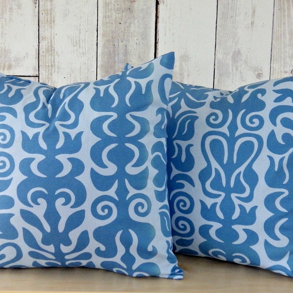 Pair OOAK Designer Fabric Cushion Cover - Blue Damask - Size 18" Square - Decorative Pillow - Set of Two