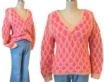 Vintage 60s Hot Pink Crochet Sweater