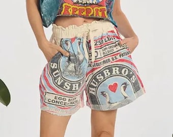 New women’s boutique Seed Sack cotton Swan Print shorts