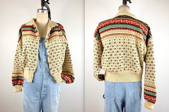 Vintage 1950s Fair Isle Wool Ski Sweater Cardigan