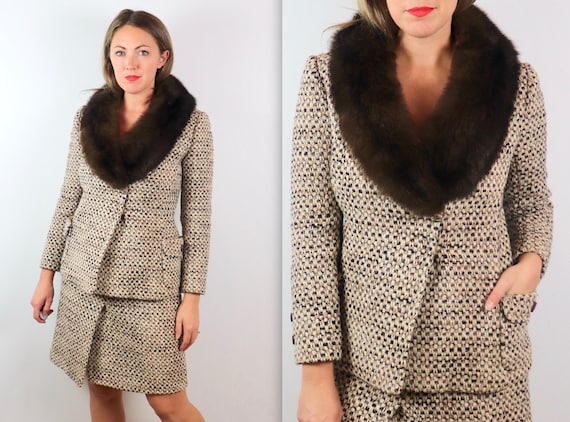 Vintage 60s SAKS FIFTH AVE Tweed Fur 2 Pc Suit - image 1