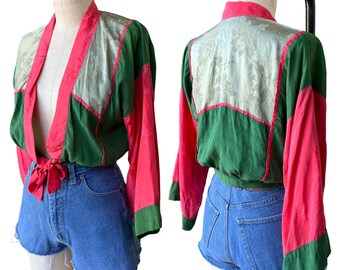 Vintage 1970s Pink + Grüne Colorblock Seide Kurz Kimono Bluse Jacke