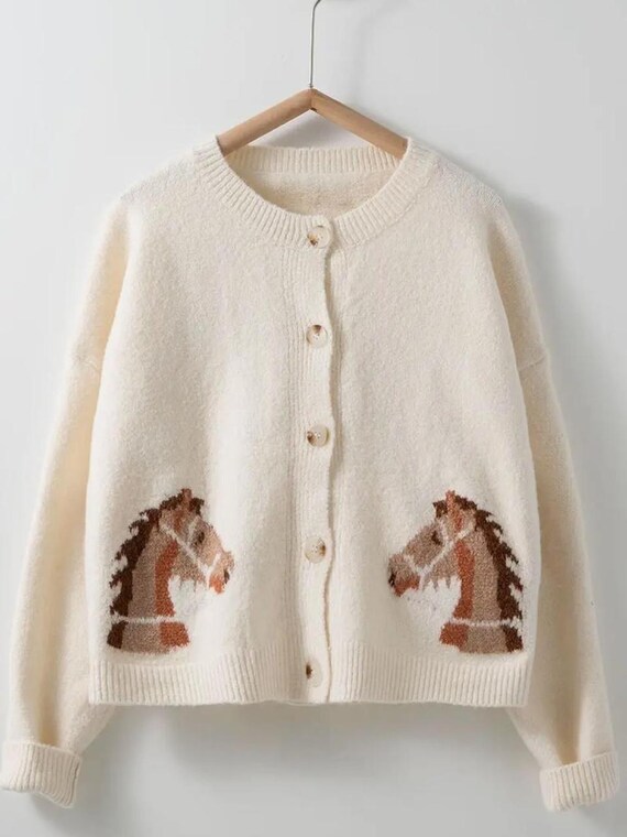 New boutique women’s ivory horse motif cardigan sweater