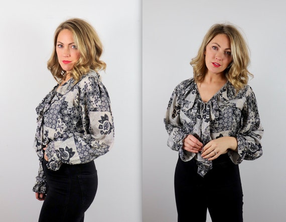 Vintage 70's Cropped Silk Paisley Print Ruffle Blo