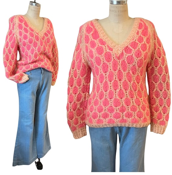 Vintage 60s Hot Pink Crochet Sweater