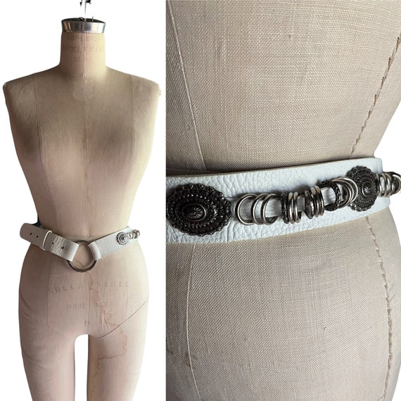 Vintage 1980s White Leather Conch Belt - image 1